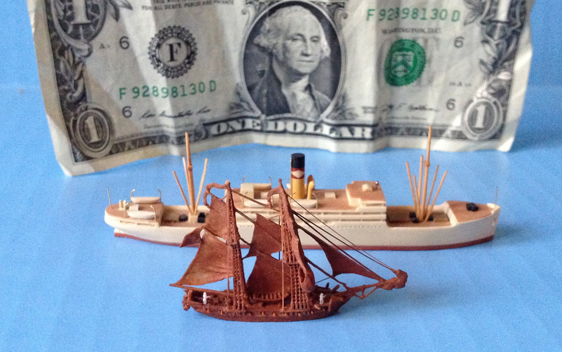 American privateer Rambler and United fruit liner Cartago- in scale 1:1250. Exotic wood. Carving by Alexander Scherbak